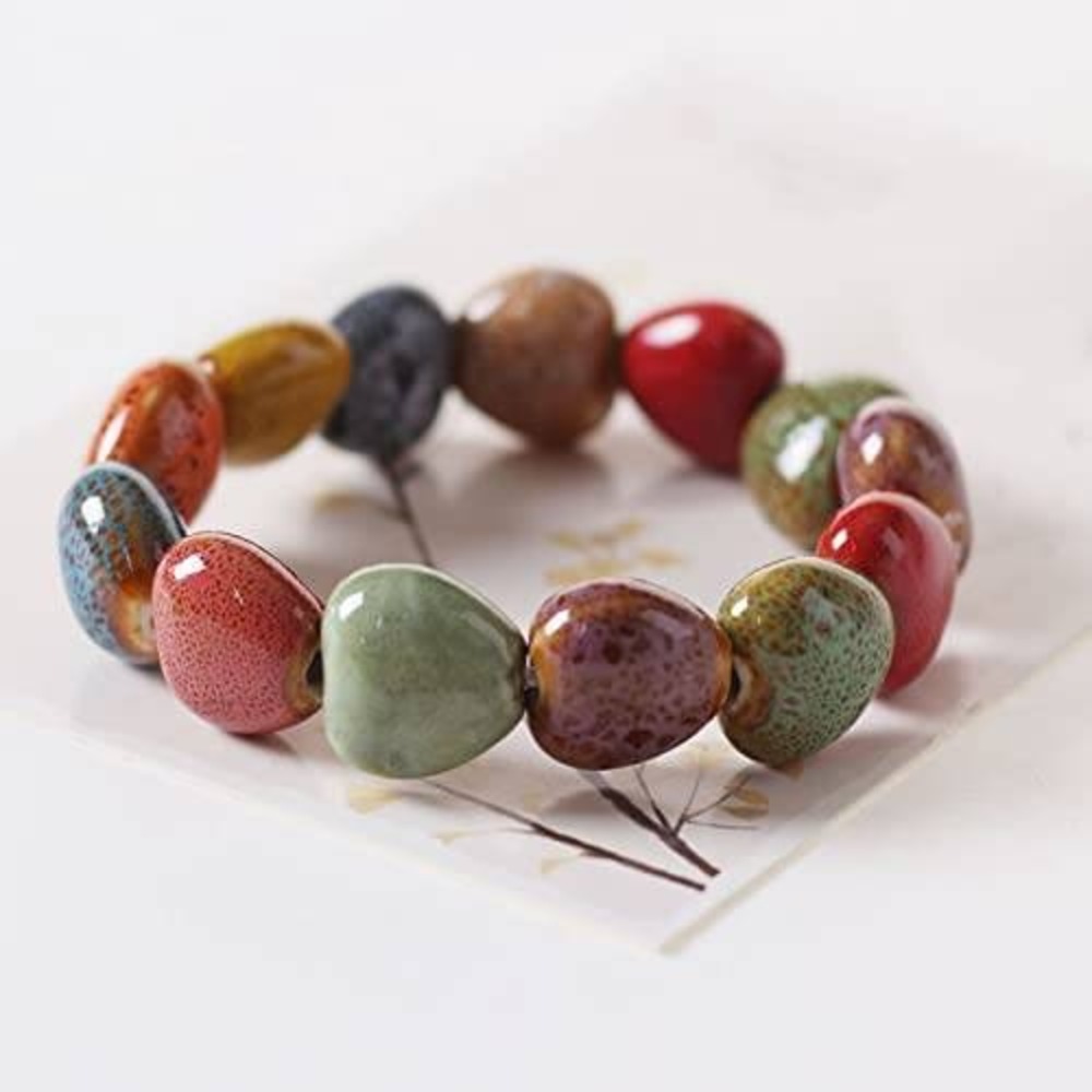 Multicolor Ceramic‎ Heart Bead Stretch Bracelet Boho Glazed Pottery Jewelry